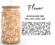 Libbey Glass Svg, Glass Tumbler Design, Can Wrap Svg, Glass Can Svg, White Wildflowers, Glass Wrap Svg, Silhouette Curio, Glass Can Wrap, 16oz Glass Can