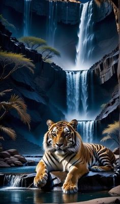 a tiger laying on top of a river next to a waterfall