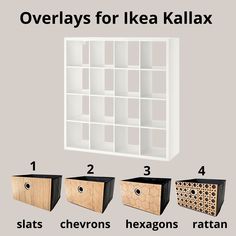 four different types of storage boxes with numbers on them and instructions to make them look like they're from ikea kallax