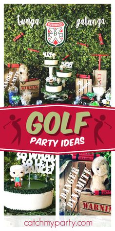 a collage of golf party ideas including cake, cupcakes and other decorations