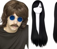 long black wig with bangs and moustaches on the sides, wearing sunglasses