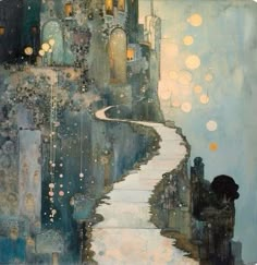 an abstract painting of a path leading to a castle with lights on the top and below