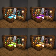 four different shots of a living room in minecraft