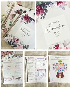 the contents of a planner spread out in four different sections with flowers and leaves on them