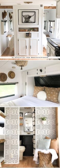 the inside of a mobile home with white walls and wood floors