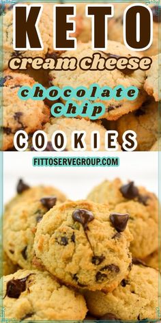 chocolate chip cookies are stacked on top of each other with the words keto cream cheese chocolate chip cookies