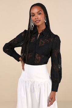 We're already obsessed with all the ways you'll style the Lulus Sheer Excitement Black Sheer Lace Long Sleeve Button-Up Top! Sheer floral lace shapes this enticing top with a collared neckline framed by long sleeves with button cuffs. A hidden, covered button placket secures at the center of the relaxed bodice that finishes at a hip-length hem. Bralette not included. Fit: This garment fits true to size. Length: Size medium measures 25.5" from shoulder to hem. Bust: Great for any cup size. Waist: Lace Vest Top, Long Sleeve Lace Top, Lace Button, Lace Top Long Sleeve, Lace Long Sleeve, Comfortable Room, Sheer Top, Cup Size, Sheer Lace