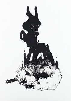 a black and white drawing of two dogs laying on the ground with their heads in each other's paws