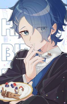 an anime character with blue hair holding a plate of food and looking at the camera