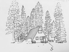 a drawing of a cabin in the woods with pine trees and snow on the ground