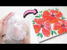 a hand holding a plastic bag with red flowers on it next to an image of a flower