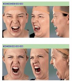 multiple images of an angry woman's face and mouth