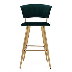 a green velvet bar stool with gold legs and backrests on an isolated white background