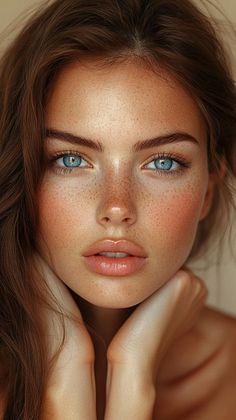 a woman with freckled hair and blue eyes is posing for the camera while holding her hands on her chest