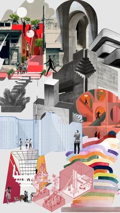 an abstract collage of people and buildings in various colors, shapes, and sizes