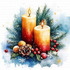 two lit candles surrounded by christmas decorations and pine cones on a blue watercolor background