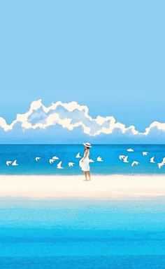 a painting of a woman standing on the beach with birds flying around her and clouds in the sky