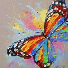 a painting of a colorful butterfly on a gray background