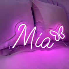 mia-name-neon-sign illuminates a space with a playful pink script, adding a touch of whimsy - from manhattonneons.com. Mia Name Design, Led Words Lights Neon Signs, Led Name Sign, Bedroom Led, Business Signage, Hazardous Materials, Neon Sign Bedroom, Custom Wedding Signs, Baby Name Signs