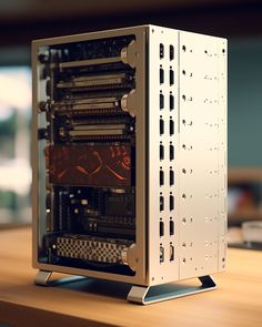 a computer case sitting on top of a wooden table