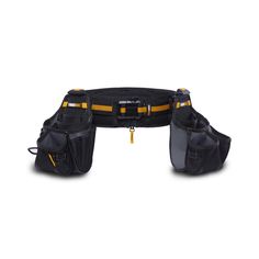 the waist pack has two fannys attached to it and is black with yellow accents