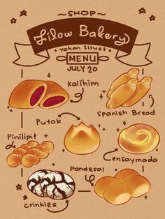 a poster with different types of breads and buns on it's sides