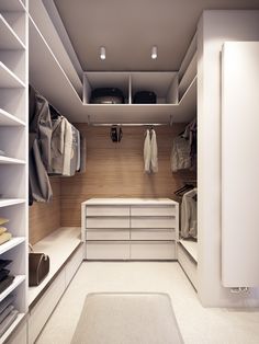 an image of a walk in closet with clothes on the shelves and drawers below it