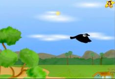 a bird flying over a lush green field