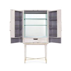 an open cabinet with glass doors and shelves on the front, against a white background