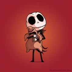 a cartoon skeleton holding a stuffed animal in its arms and wearing a scarf on it's back