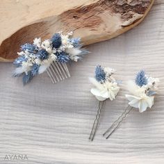 Our soft and natural OCEANE collection invites you to dream and travel. Evoking the twilight hour when the horizon mingles with the ocean, it includes various coordinated accessories that will charm you with their dusty blue hue, which is always very popular for weddings in all seasons. These original accessories meticulously made of dried and preserved flowers will be unique ornaments that will be very noticed in all the beautiful moments of your life: wedding, engagement, baptism, birthday... Dusty Blue Color, Flower Headdress, Boho Wedding Hair, The Wedding Date, Wedding Summer, Wedding Hairstyle, Wedding Hair Pins, Unique Ornament, Bride Bouquets