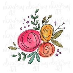 watercolor flowers with leaves on white background