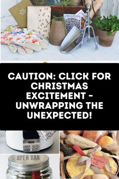 several different pictures with the words caution click for christmas excitement - unwrapping the unexpected