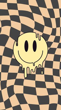 an abstract painting with a smiley face on it's side and black and white checkered background