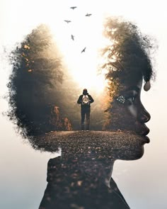 a woman's face with trees and birds in the background as she stands on a road