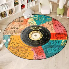 a colorful circular rug with music notes on it