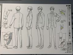 a drawing of men's suits and shoes in various poses, from front to back