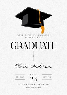 a graduation party flyer with a mortar cap on it and the words graduate written in black