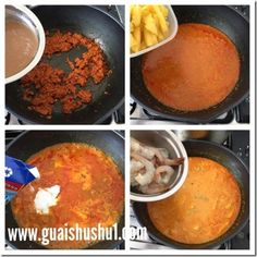 four pictures showing different stages of cooking food in pans with sauce and seasonings