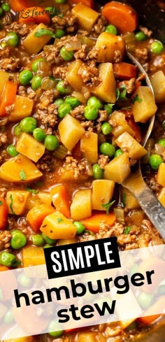 a pot filled with meat and vegetables next to a ladle that says simple hamburger stew