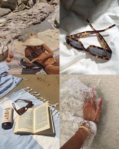 a woman laying on top of a beach next to an open book and reading glasses