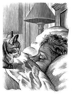 a black and white drawing of a cat sitting on a bed looking at something in the distance