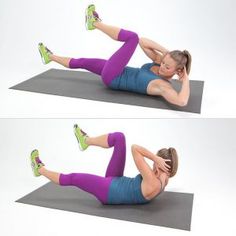 a woman is doing an exercise with her feet on the ground and arms behind her head