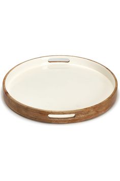 a white and wood tray with handles