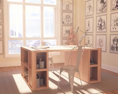 a computer desk with a chair in front of it and lots of pictures on the wall