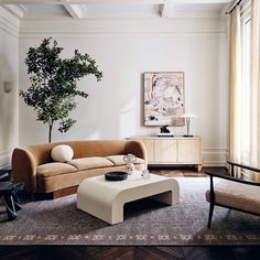 a living room filled with furniture and a large tree in the middle of the room