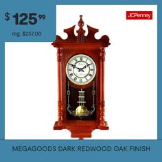 a wooden clock with the words megagods dark redwood oak finish $ 126 99