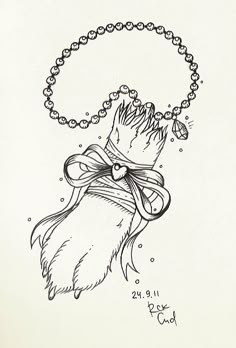 a black and white drawing of a woman's hand with a beaded necklace