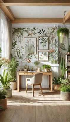 a room filled with lots of potted plants next to a wooden desk in front of a window