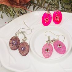 Blooming Beauty Earrings - 3 Pairs of Light Oval Dangles with Clay flower Charms by CnJCreationsbyHand on Etsy Red Alcohol, Rings Clay, Pink Dye, Purple Dye, Paper Confetti, Clay Flower, Summer Earring, Purple Glitter, Flower Charm